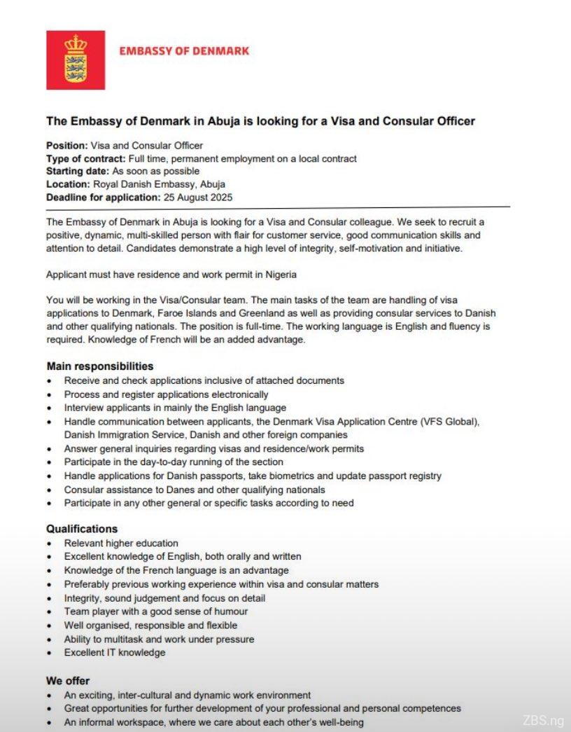 Visa and Consular Officer Needed | Denmark Embassy Abuja Nigeria